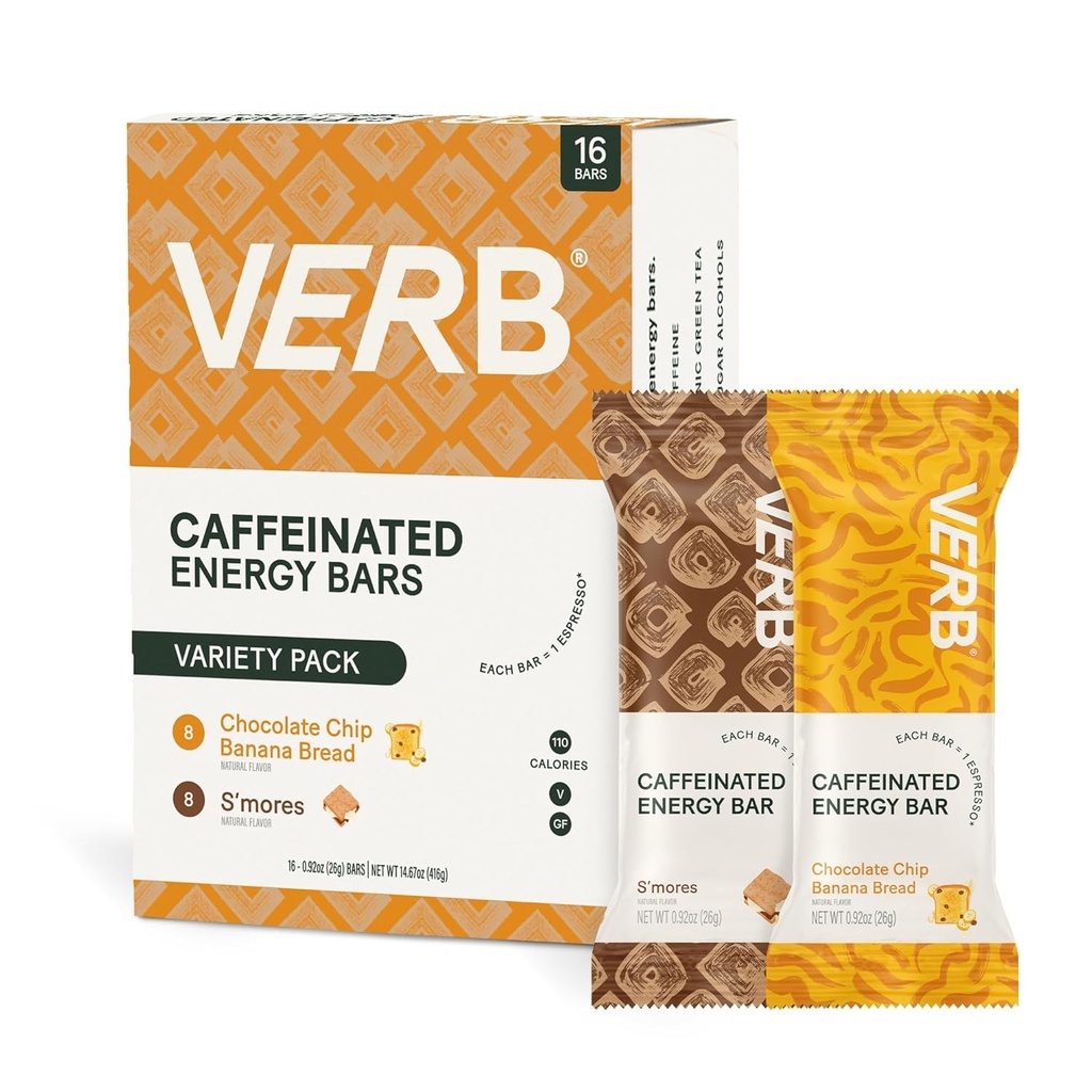Verb Caffeinated Energy Bars Variety Pack - 2 Deticious Flavors (26g, Paket 16) 110- Calorie Delicious Low Sugar Energy Bar, Vegan & Gluten Free On- Go Snack dengan 80mg Green Tea Caffeine