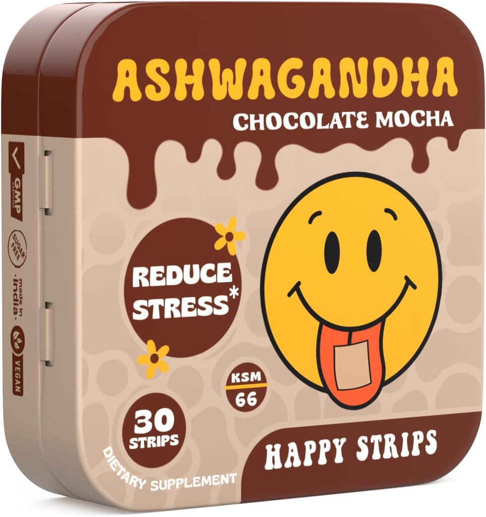 Happy Strips Organic Ashwagandha KSM 66 & GABA for Stress Relief, Calstice, Sleep - Fast- Acting & Rapid- Dissolve, Chocolate Mocha Flavored, Organic, Vegan, Sugar- 30 Count