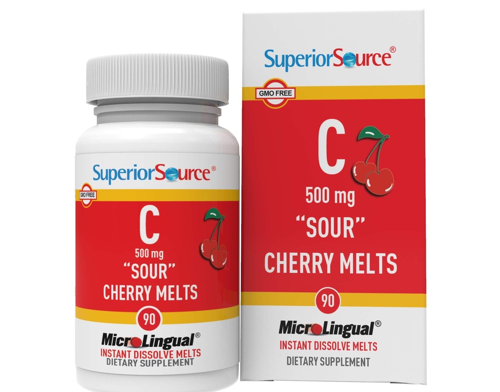 Sumber Superior Vitamin C 500 mg Cherry Melts - Daily Vitamin Suplemen Kesehatan Imune - Vitamin C Formula Aids Sel Kesehatan - 90 Sublingual Dissoling Tablet