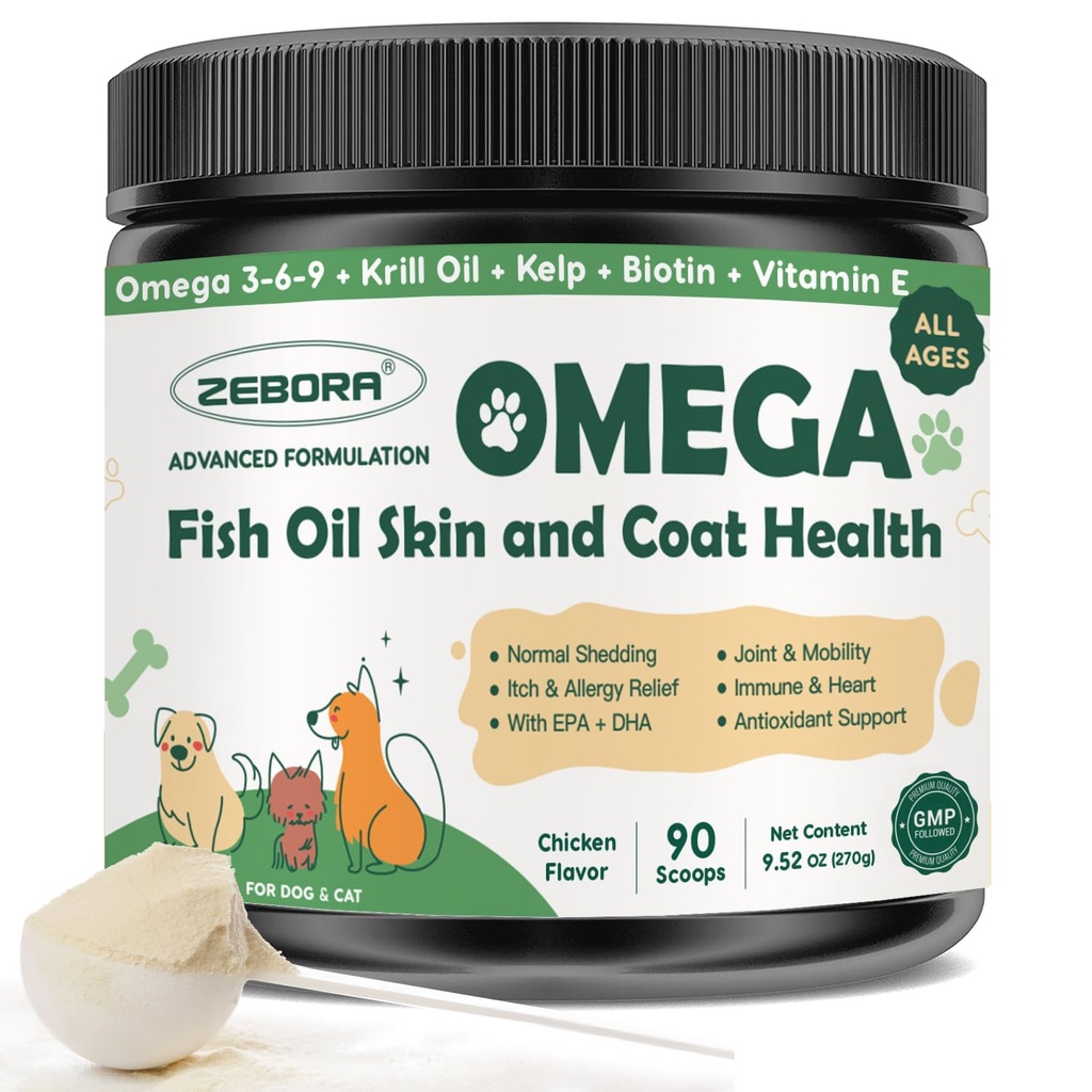 ZEBORA Omega 3 Fish Oil for Dogs, Wild Caught Dog Fish Oil, EPA & DHA, Krill Oil, Kelp, Skin dan Coat Suplemen, Anti Itch & Shedding, Dukung Dry Skin, Gabungan Kesehatan, Bantuan Allergy Dog