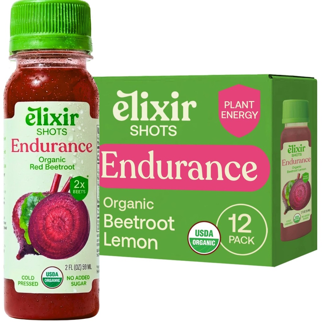 Elixir Shots, Endurance & Wellness Shot with Cold- Pressed 100% Organic Ingredices, Beet, Carrot, Celery, Lemon, No Added Sugars or Artificial Ingreations, 12 Pack