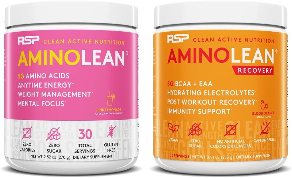 RSP NUTRITITION AminoLean Pre Energy (Pink Lemonade 30 Servings) with AminoleLean Recovery Post Workout Boost (Blood Orange 30 Servings)