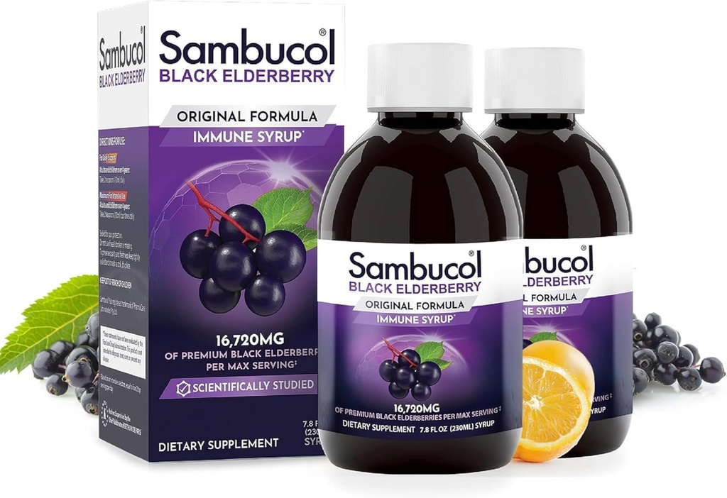 Sambucol Black Elderberry Syrup - Sambucus Syrup, Ramuan Elderberry Hitam, Dukungan Ammune untuk Anak dan Dewasa, Antioksidan Tinggi, Gluten Bebas - asli Formula, 7.8 Fl Oz, 2-Pack