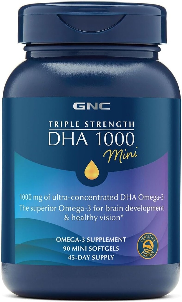 GBC Triple Power DHA 1000 Mini Omega 3 Suplemen, 100mg, Ultra Terkonsentrasi, Potensi Tinggi, Mendukung Pembangunan Otak dan Kesehatan Vision, Burpless, 90 Mini Softgel, 45 SVG, 45 Hari Suppply
