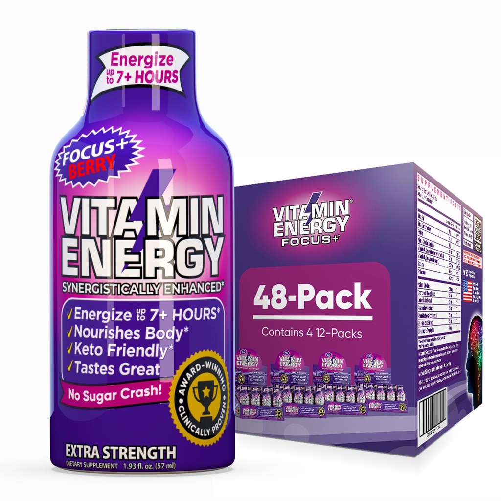Vitamin Energy Focus + Extra Energy Shot Berry 48 Pack, 260mg Natural Caffeine, B-Vitamin, CoQ10, Amino Acids, Focus, Produtivitas & Kejelasan, Nol Gula, Gluten- Free, 1.93 fl oz