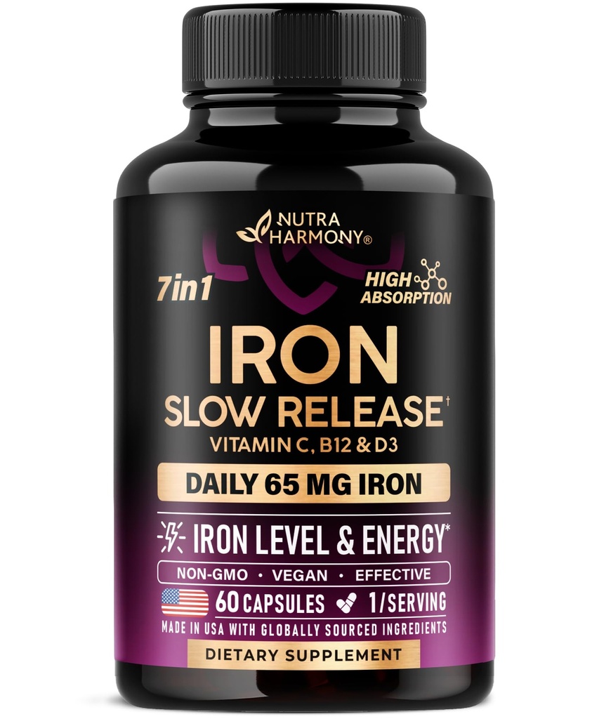Tambahan Besi bagi Perempuan - Iron 65mg (Ferrous Sulfate 325mg) - Stomach Friendly 124; Peluncuran Besi 124; Tinggi Absorpsi - Vitamin C, D3, B6, B12 & Folate - Dukungan Tingkat Besi & Energi - 60 Capsules