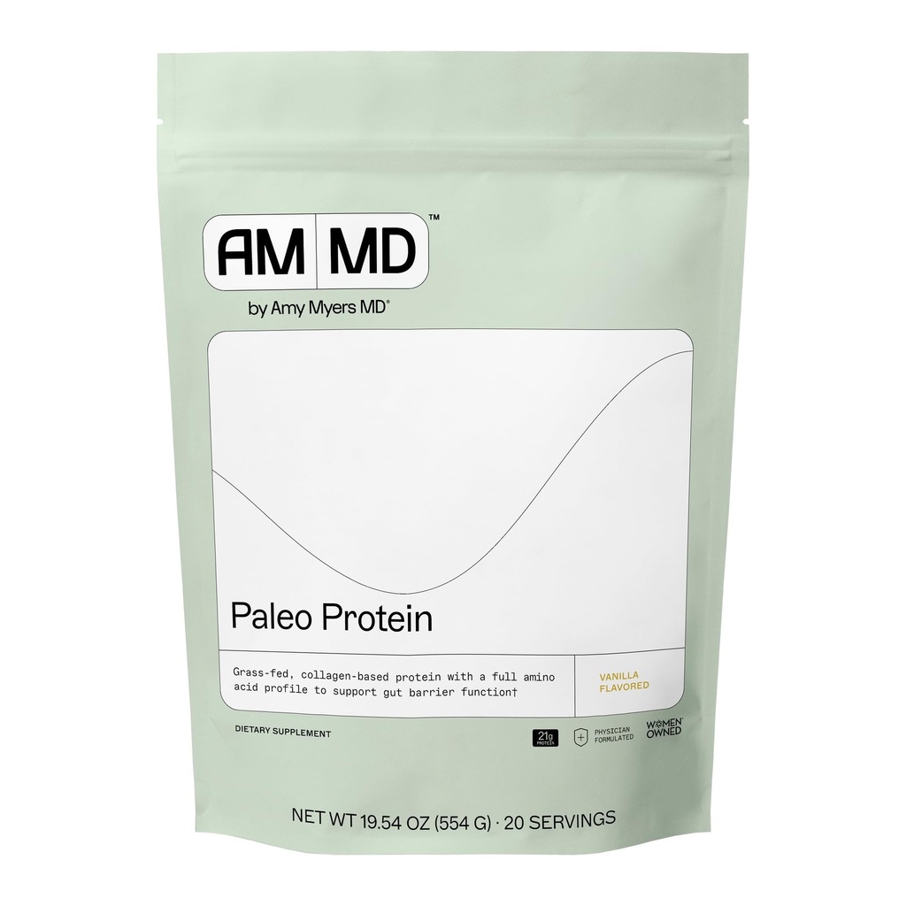 Amy Myers MD Paleo Protein Powder - dengan Collagen Peptides for Gut Health - Pendukung Rambut, Skin & Nails - Non-GMO, Gluten- Free, Non-Dairy & More - Vanilla Bean - 19.54 oz (20 Pelayan)