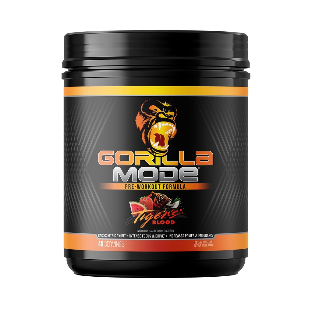 Gorilla Mind Pre Workout - Massive Pumps Laser Focus Energy Power - L- Citrulline, Creatine, L-Tyrosine, Betaine, Hydroprime, Alph- GPC, 400mg Caffeine, Huperzine A - 800g (Tigers Blood)