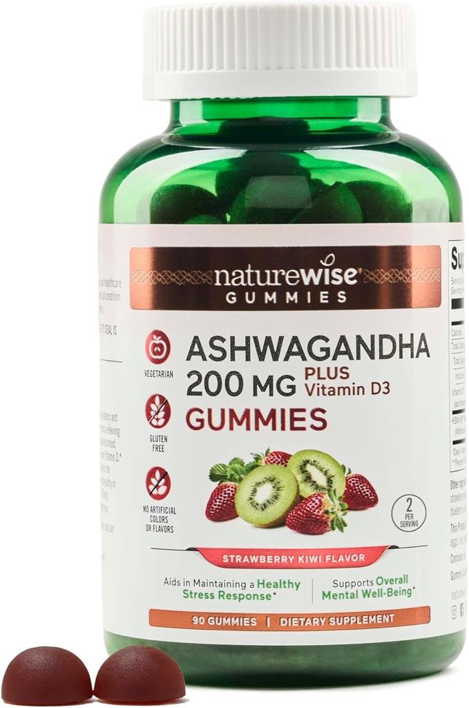 NatureWise Ashwagandha Gummies - Strawberry Kiwi - KSM-66 with Vitamin D3 - Calming Mood support - Vegetarian - Non-GMO, Gelatin dan Gluten Free - 90 Count [45- Day Suppply]