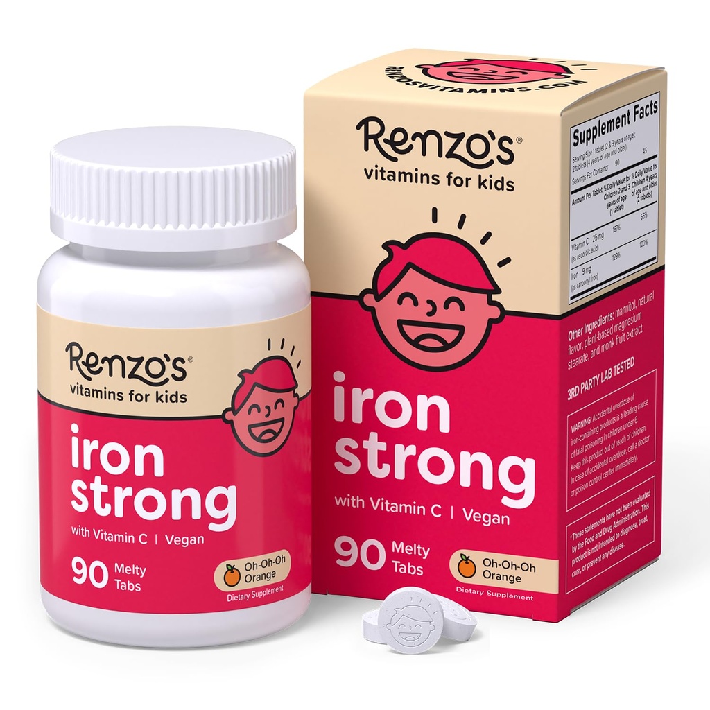 Suplemen Besi Renzo untuk Anak-Anak, Anak-Anak Vegan Tak Tergoyahkan dengan Vitamin C, Sugar- Free Melty Tab, Orange Flavor, 90- Count