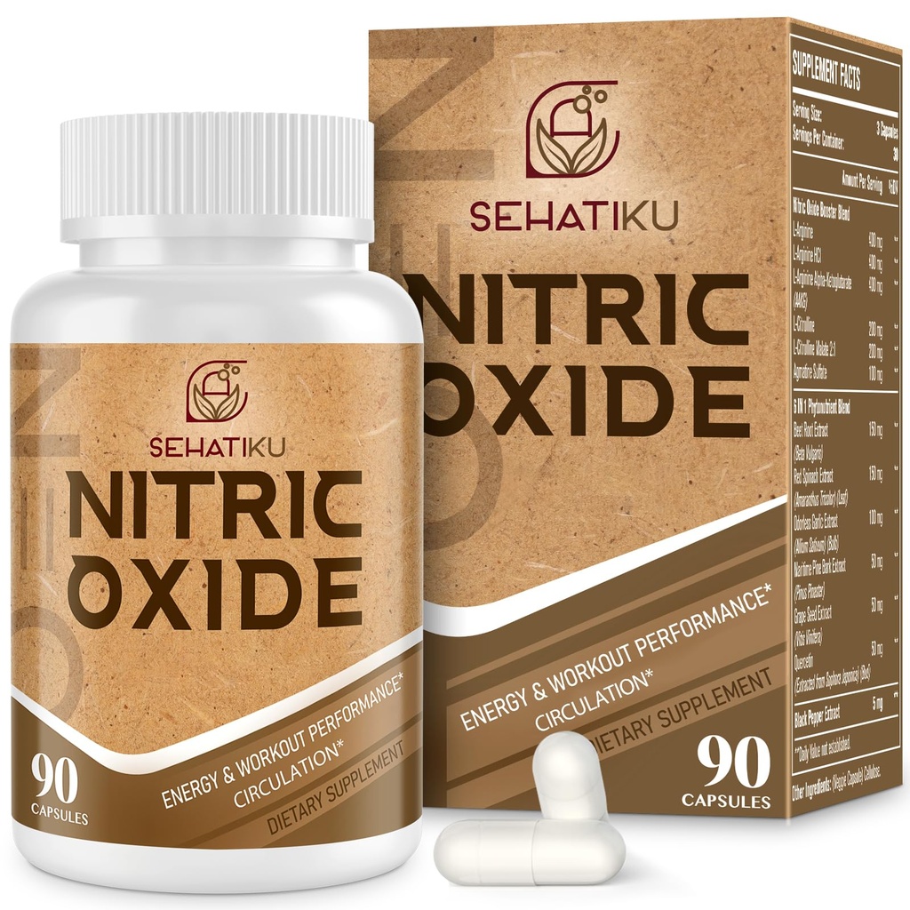 Tambahan Nitric Oxide, Nitric Oxide Booster & 6- 1 Phytonutrient Blend for Heart, Flow, Imune - 90 Capsules (1 Botol)