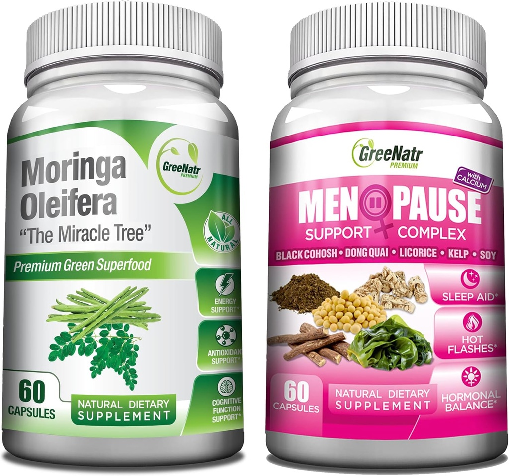 GreeNatr Pure Moringa Oleifera untuk Mood Enhancement Plus Menopause Dukung Complex for Hot Flashes, Night Sweats & Mood Swings Relief