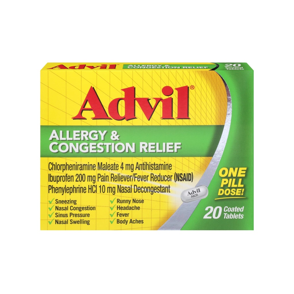 Advil Allergy and Contraffic Relief Tablet, Pain Reliever, Reducer Fever and Allergy Relief with Ibuprofen, Phenylephrine HCI dan Chloreniramine Malaeate 4 mg - 20 Coated Tablet