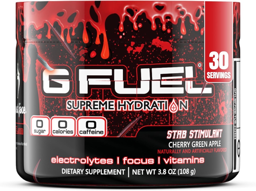 G Fuel Electrolite Powder, Cherry Green Apple, Stab Stimulant, Zero Sugar dan Caffeine- Free Hydration Mix dengan Electrolite dan Vitamin, 3.8 oz (Ghost Face, 30 Servings)