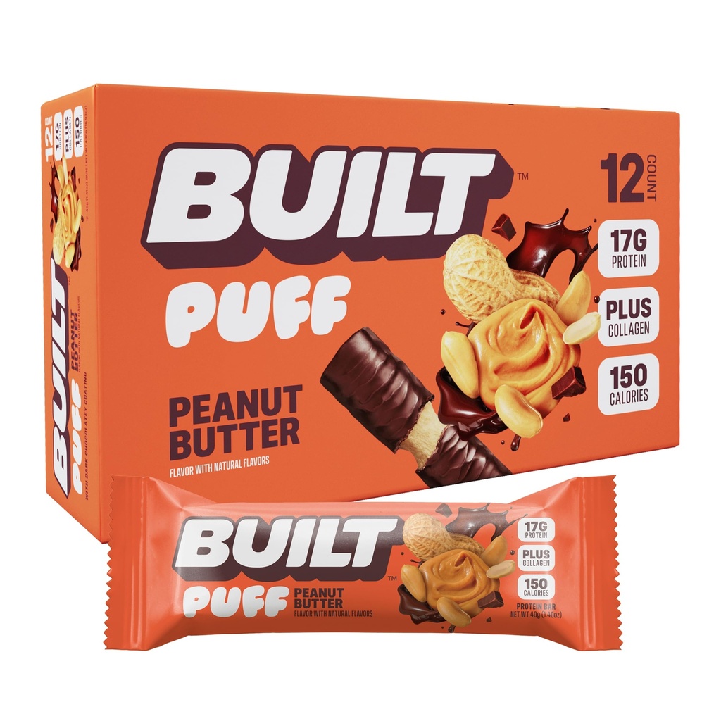 Bar Built, Puff Protein Bars, Peanut Butter Puff, 17g Protein Snacks, On- TheGo Bars, Hanya 150 Kalori, 6g Sugar, Collagen, Gluten Bebas, 12 Count