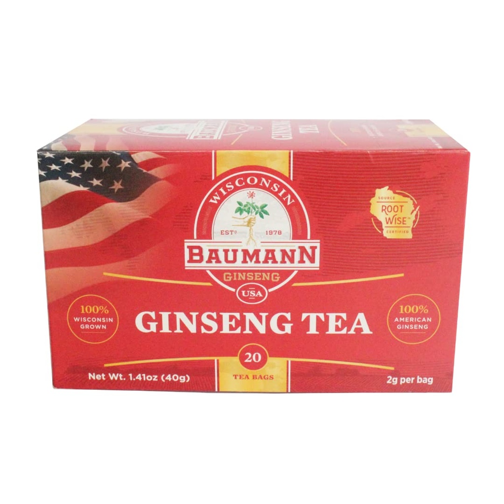 Baumann Premium American Ginseng Tea Bags (20 Tea Bags) - Authentic Panax Wisconsin Grown Panax Herbal Tea - Tea Hijau Sehat dengan Antiokidant Ginsenosides untuk Enhanced Focus & Energy