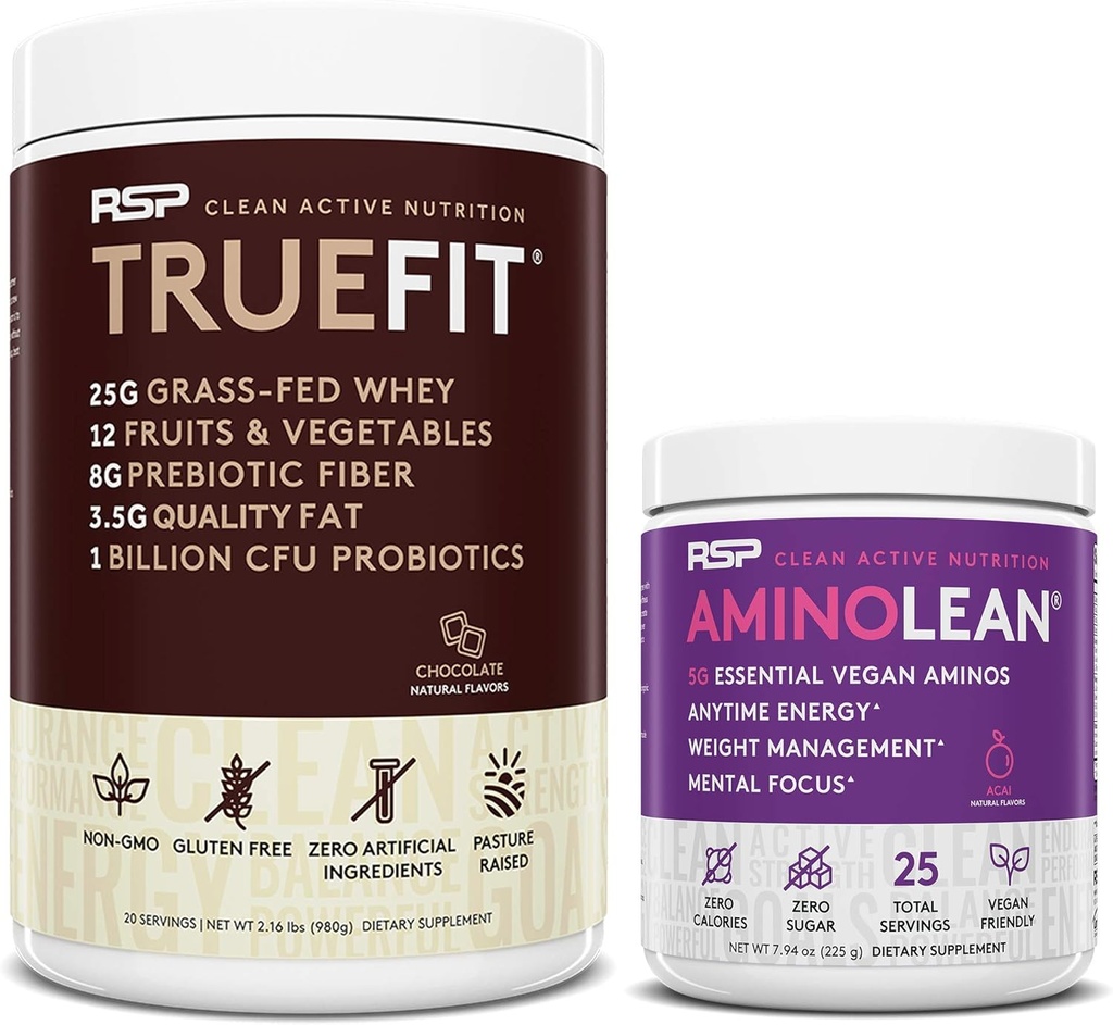 RSP NUTRITISI Vegan Aminolean Pre Workout Energy (Acai 25 Servings) dengan TrueFit Protein Powder (Chocolate 2 LB)