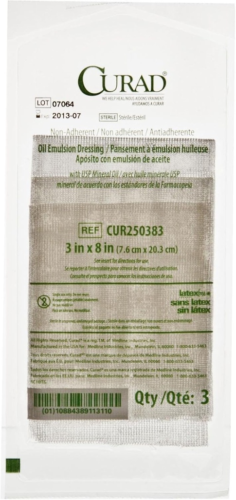 CURAD Sterile Non-Adherent Oil Emulsion Gaulze Dressing, 3 "x 8", Perfect for Wound Care, Pack 648
