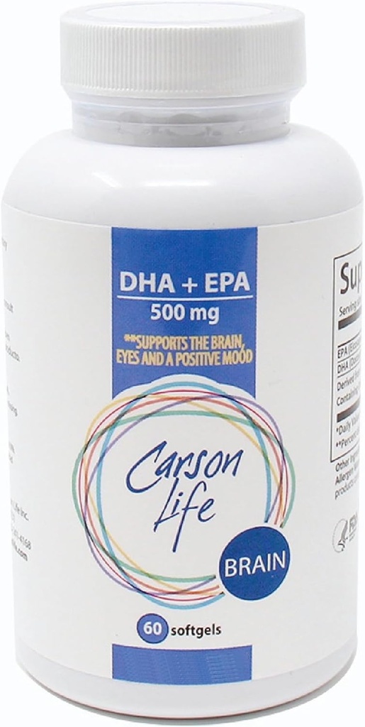 Carson Life DHA EPA Omega 3 Suplemen - EPA DHA Omega 3 Tambahan untuk Dukungan Fungsi Otak, Memori, Eye Fungsi, dan Positif Mood - Dibuat di AS - 60 Softgel