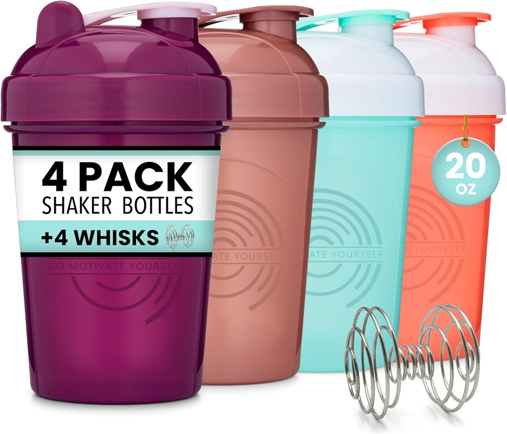 GOMOYO 4-Pack - 20 Ounce Shake Bottle, Protein Wire Whisky x4, Bulk Protein Drink dan Pre-Workout Shaker, Dishwasher Safe & BPA Free