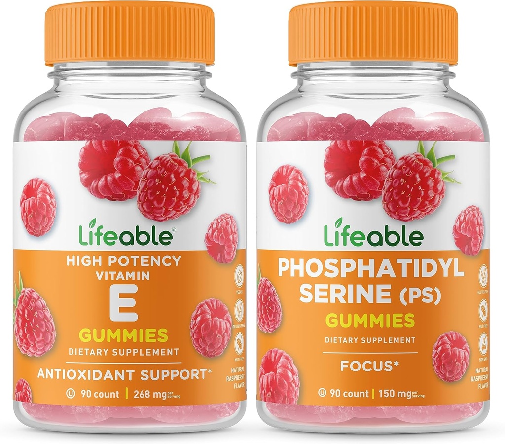 Lifeable Vitamin E + Phosfatidyserine (PS), Gummies Bundle - Great Tasting, Vitamin Suplemen, Gluten Free, GMO Bebas, Gummy Chewable