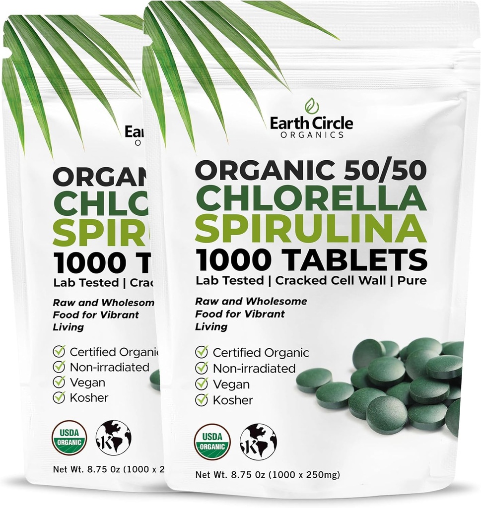 Premium Organic CHLORELLA / SPIRULINA 1000 tablet Kosher (50 / 50), Vegan - Green Algae Superfood, Tembok Sel Cracked, Chlorofil, Tinggi dalam Protein & Besi, tidak ada tambahan, atau isian 8.75 Oz (2 Pack)