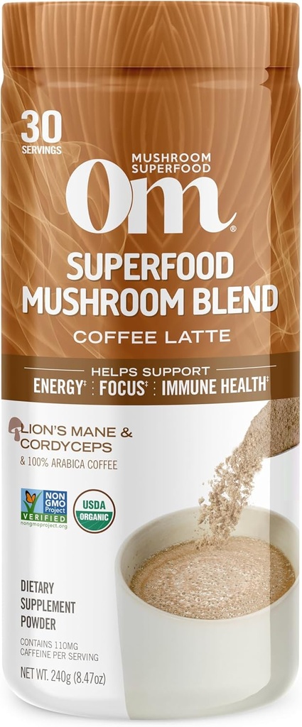 OM MUSHROOM SUPERFOOD Coffee Latte Blend Mushroom Powder, 8.47 Ounce Canister, 30 pelayan, Lion 's Mane, Cordyceps, Reishi, Chaga, Energi & Mental Clarity Dukungan