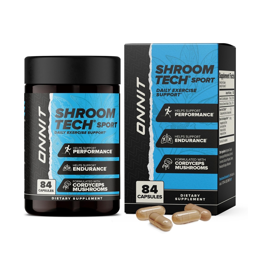 OONNIT Shroom Tech Sport Exercise Support Daily Capsules, Pre Workout Suplemen dengan Jamur Cordyceps, Caffeine- Free Dietary Supplemen Harian Energy, 84 Count