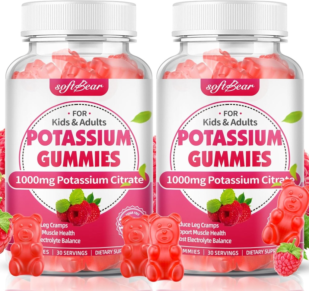 Softbear Potasium Citrate 1000mg Gummies - Gummies Potassinya Tinggi untuk Dukungan Otot & Electrolite Keseimbangan - Tambahan Potasium Perempuan & Dewasa, Vegan, Raspberry Flavor (120 Cacah)