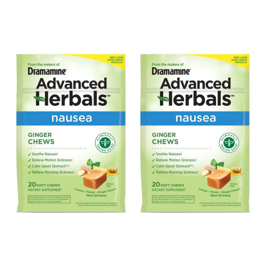 Dramamine Ginger Chews, Helping with Nausea, Lemon Honey Ginger Flavor, 20 Soft Chews (Paket 2)