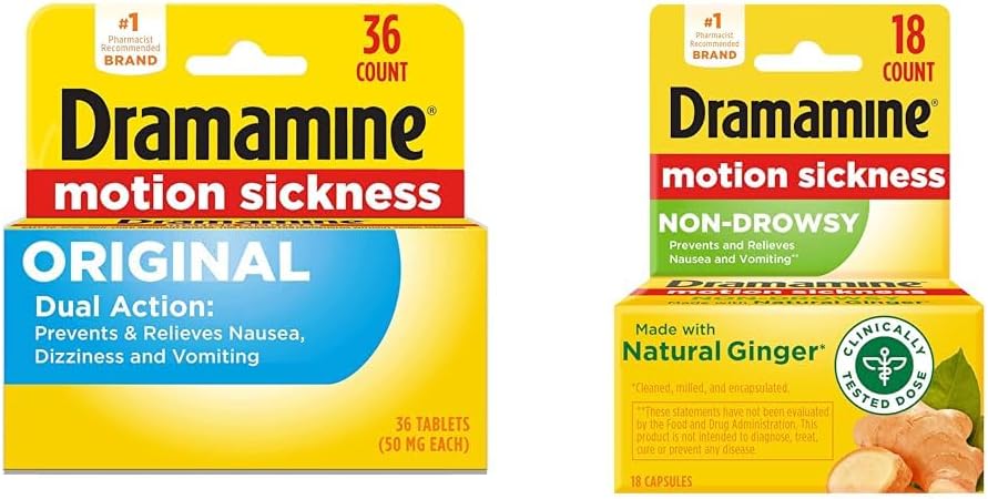 Dramamine Original, Motion Sickness Relief, 36 Count & None-Drowsy, Motion Sickness Relief, Made with Natural Ginger, 18 Count