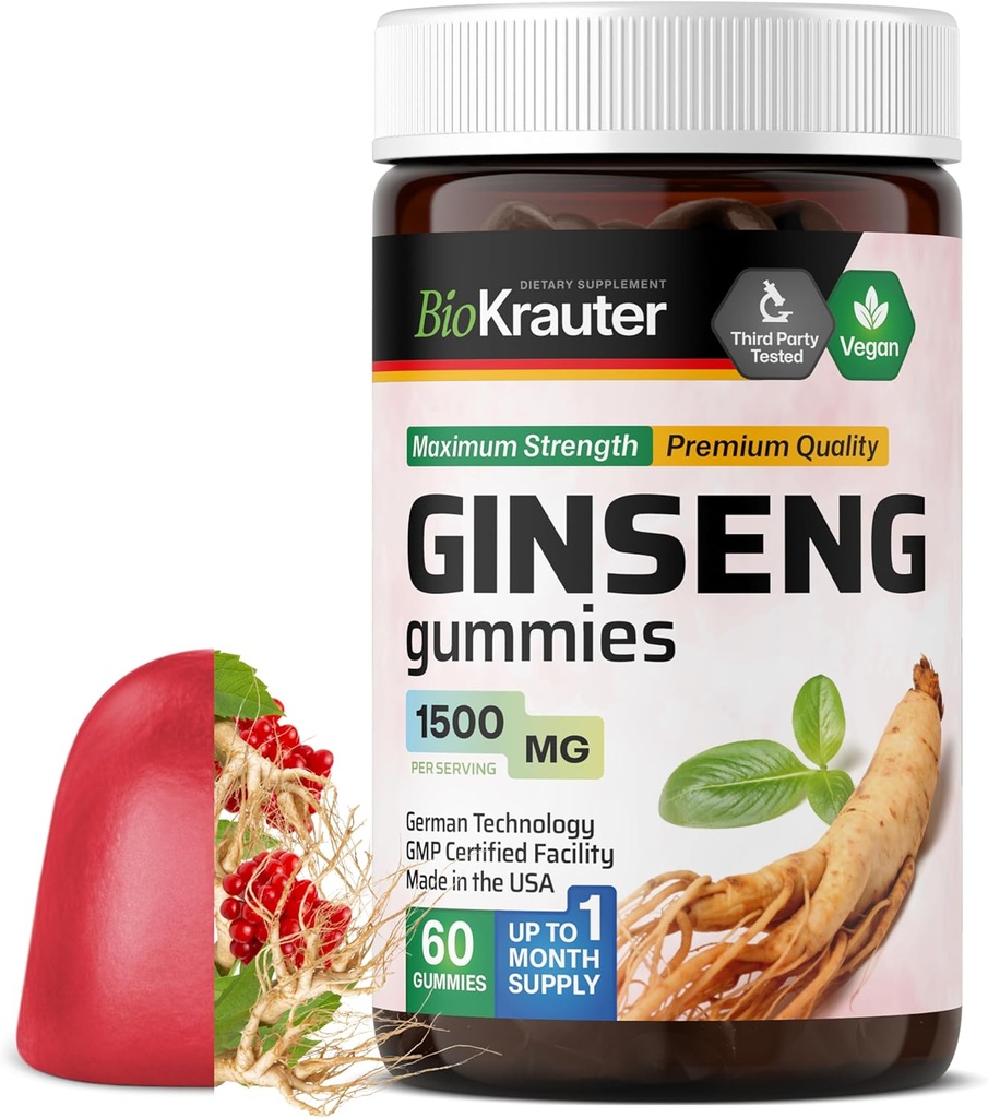 BIO KRAUTER Panax Ginseng Gummies - 1500 mg Kekuatan - 60 Count - Disalurkan Red Ginseng - Imune Dukung Gummies - Vegan, Pectin- Berdasarkan, Non- GMO