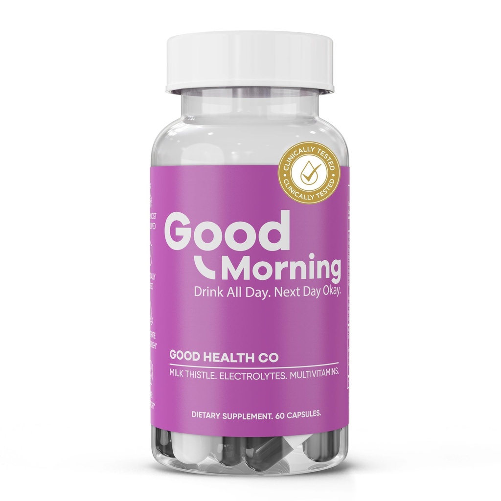 Good Morning Hangover Pill 124; 88.89% Efektif di Hangover Prevention di Clinical Trial 124; Setelah Aid Alkohol dengan DHM, Milk Thistle, dan Electrolite untuk Membantumu Party Smart. Bersulang.