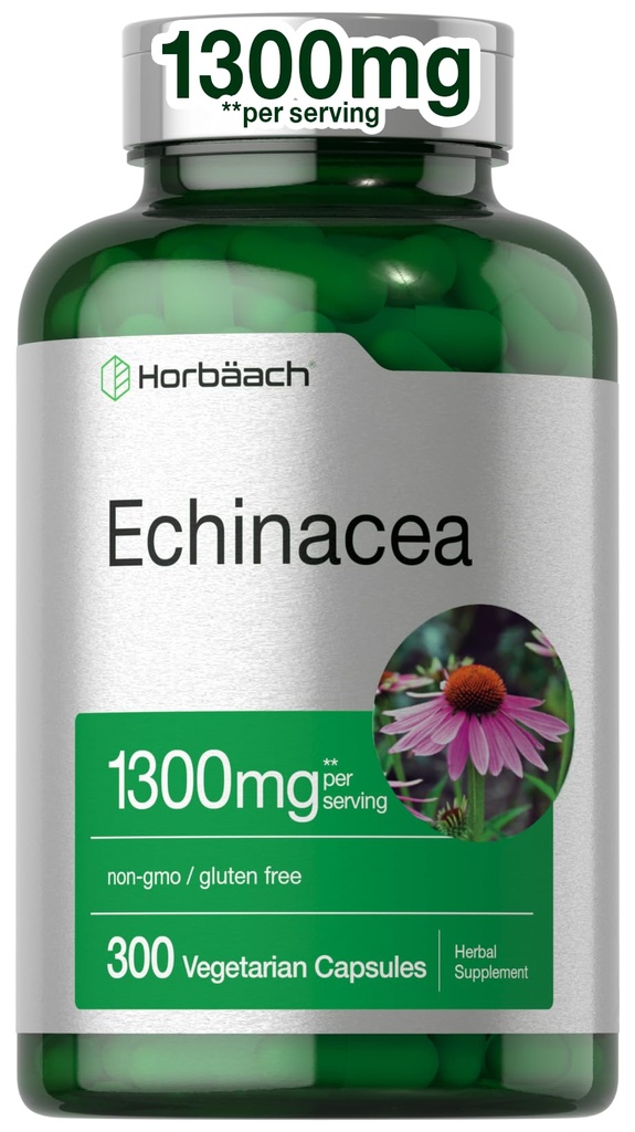 Horbäach Echinacea Extract Capsules 1300mg 124; 300 Count 124; Vegan, Non-GMO, Gluten Free Suplemen