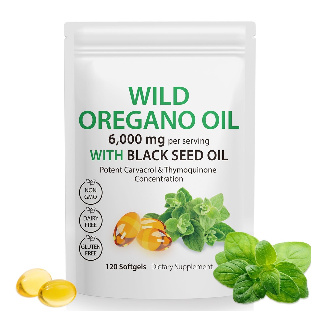 Minyak Oregano Softgeels, Oregano Oil Capsules Organik, 2-in- 1 6000mg Oil Oregano dengan Minyak Benih Hitam 200mg, Oregano Oil dengan Softgel Minyak Benih Hitam, 120 Softgel Capsules