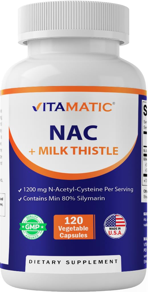 Tambahan Vitamin NAC N- Acetyl- L- Cysteine (NAC) dengan Thistle Milk 50: 1 Ekstraksi - Pendukung Imune, Repiratory, Kesehatan Hati, 1200 mg per Serving, 120 Veg Capsules