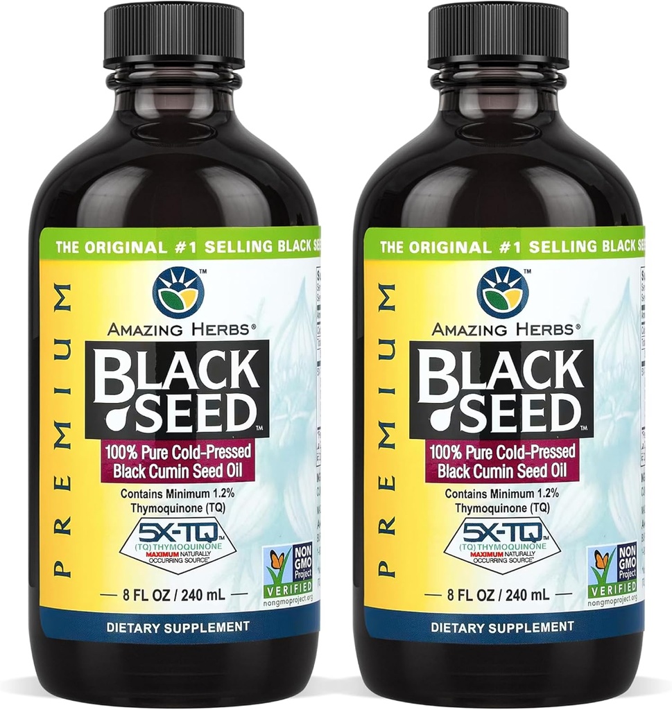 Amazing Herbs Premium Black Seed Oil - Gluten Free, Non GMO, Cold Menekan Nigella Sativa Aids in Digetical Health, Imune Dukungan, Fungsi Otak - 8 Fl Oz (Paket 2)