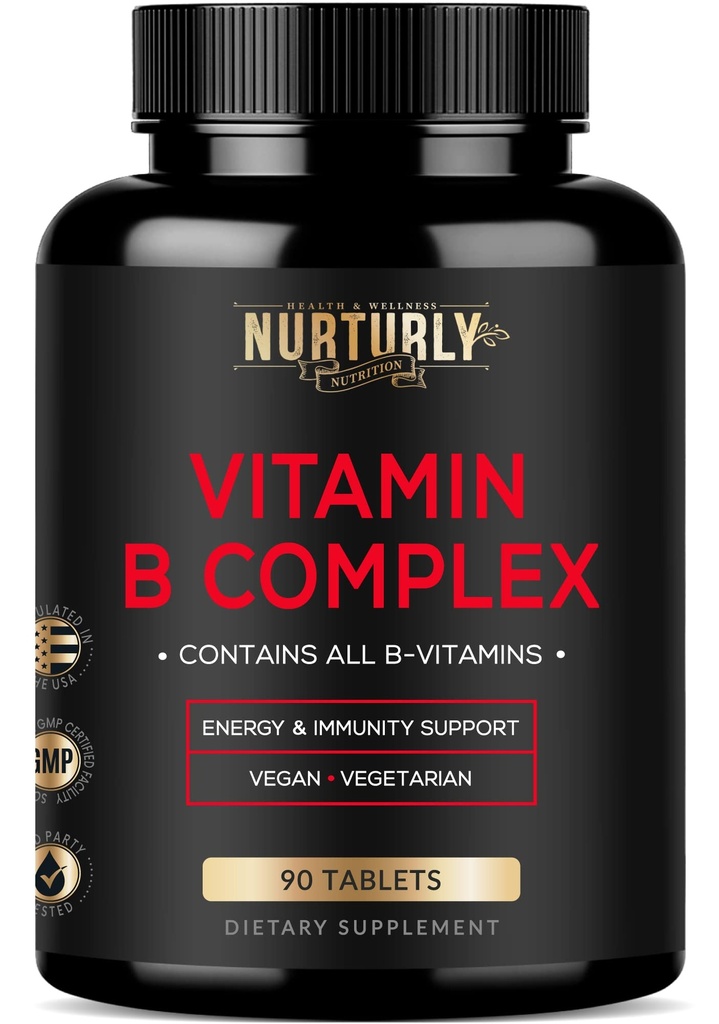 Vitamin B Kompleks - Berisi Semua Esensial B Vitamin - B1, B2, B3, B5, B6, B9, B12 dan Biotin - Super B Kompleks Vitamin untuk Energi, Imunitas dan Dukungan Mood - 90 Tablet