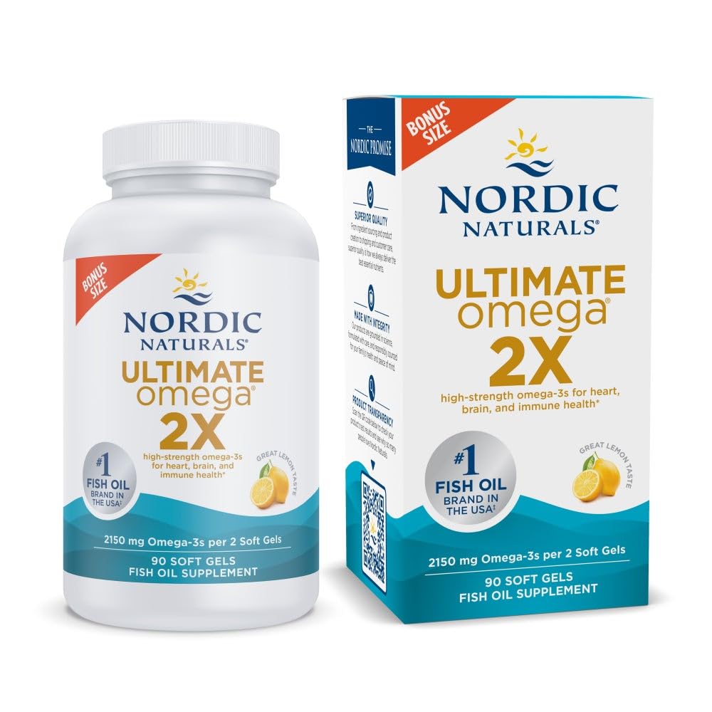 Nordic Omega 2X, Lemon Flavor - 90 Soft Gels - 2150 mg Omega- Tinggi-Potensi Omega- 3 Minyak Ikan dengan EPA & DHA - Memroses Otak & Heart Kesehatan - Non-GMO - 45 Pegawai