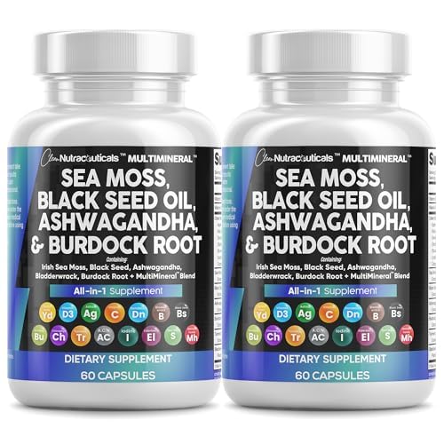 Bersihkan Nutraceuticals Sea Moss Black Seed Oil Ashwagandha Turmeric Bladdercrack Burdock & Vitamin C D3 dengan Elderberry Manuka Dandelion Yellow Dodin Chlorofil ACV - 2Pack