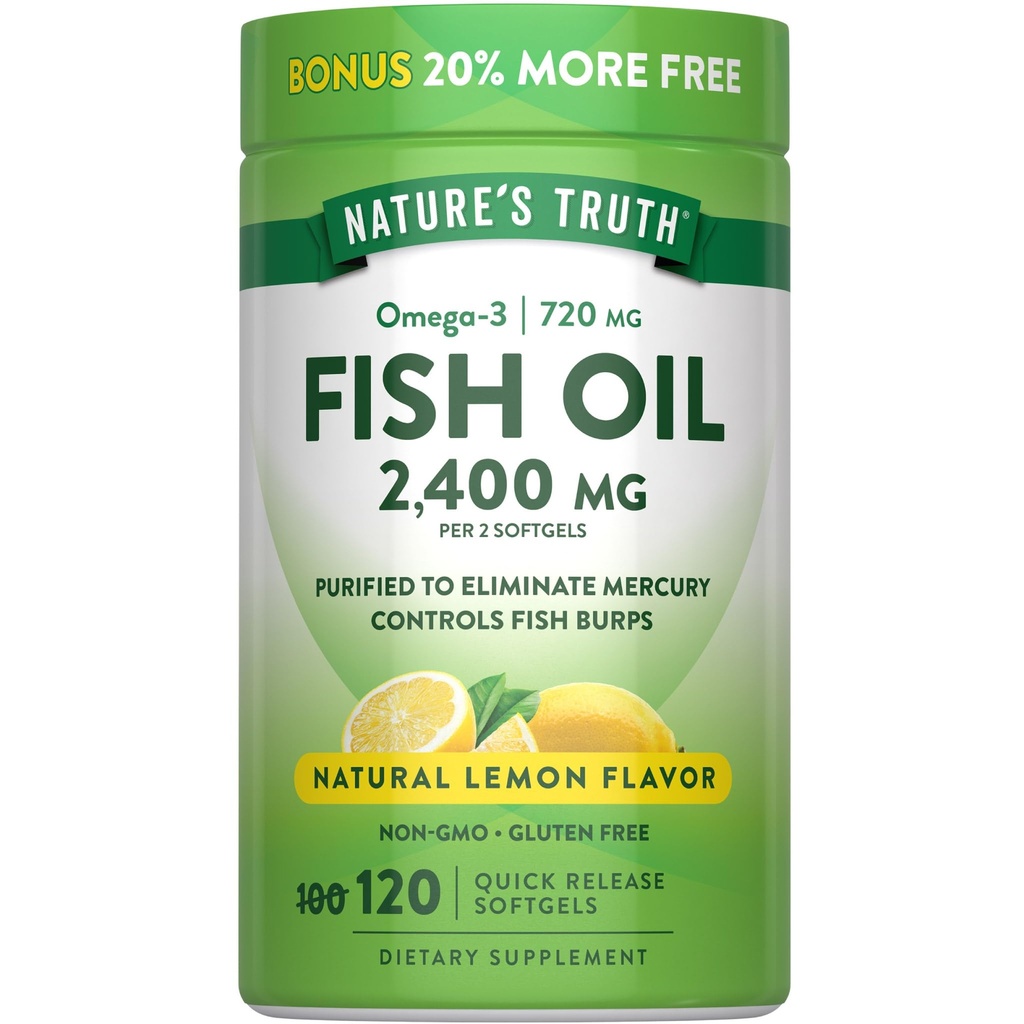 Nature 's Truth Fish Oil 2400mg 124; 120 Quick Lease Softgels 124; 720 mg Omega 3 14; Burpless Lemon Flavor pills = 124; Non-GMO & Gluten Free Suplemen