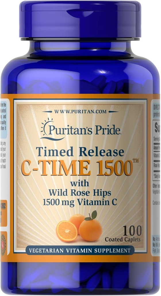 Puritan Pride Vitamin C 1500 mg dengan Rose HIPS Caplets, 100 Count