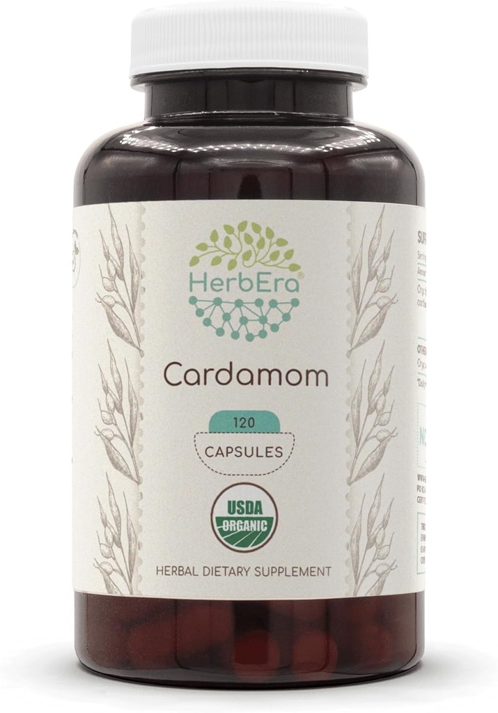 HerbEra Cardamom USDA Organik 120 Capsules 124; Suplemen Herbal Alam 124; Katup Vegetarian bersertifikat dan Organik Cardamom (Elettaria cardamomum) Dry Pod (120 Capsules)