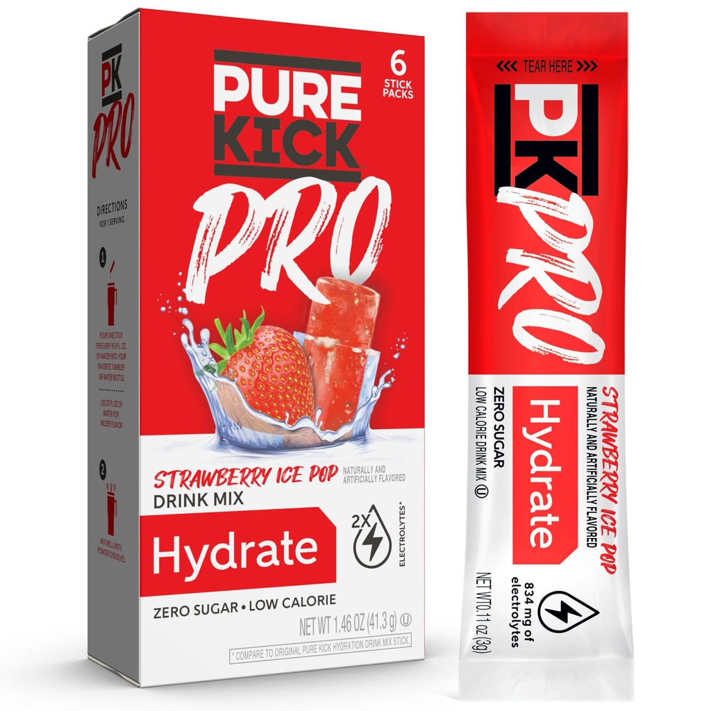 PURE KICE PRO Hdration Electrolite Drink Mix, Strawberry Ice Pop, Includes 1 Box with 6 Packet in Each Box