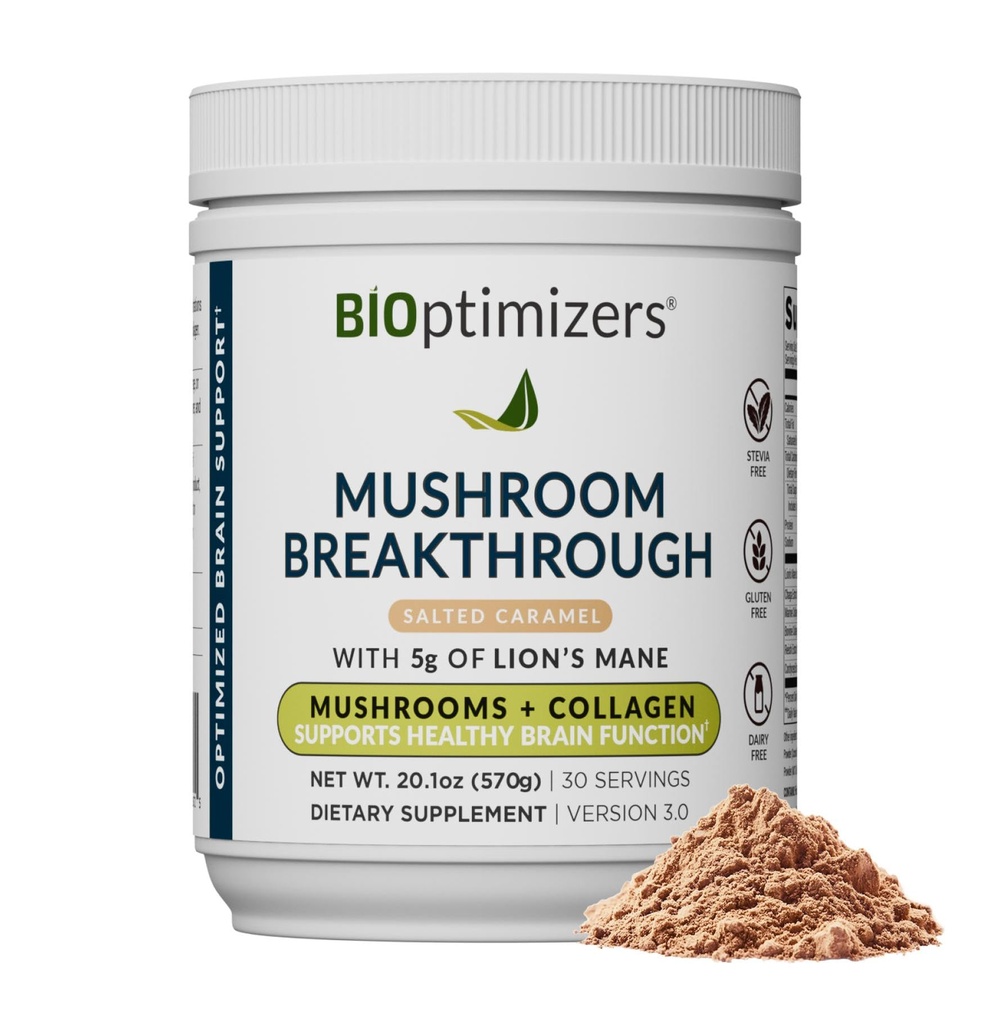BiOptimizers Mushroom Coffee Alternative - Salted Caramel Drink - Lion Mane, Chaga, Reishi + Collagen Peptides for Focus, Energy & Gut Health - Adaptogenic Mushroom & MCT Powder