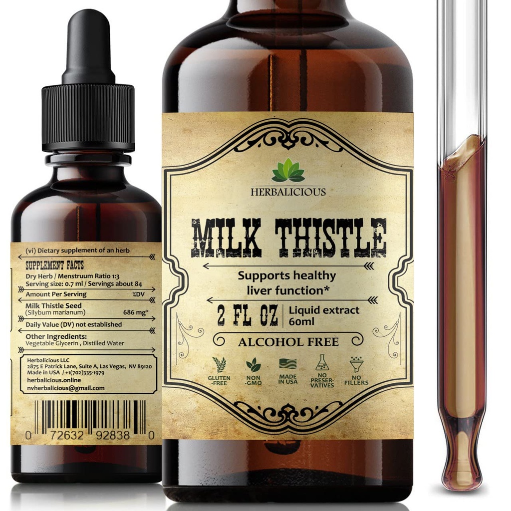 HERBALIOUS Milk Thistle Extract - All- Natural Cleanse dan Detox Suplemen untuk Liver Dukungan, Imune System Boost and Skin Health - Silymarin Nuttration Suplemen - 2 fl Oz