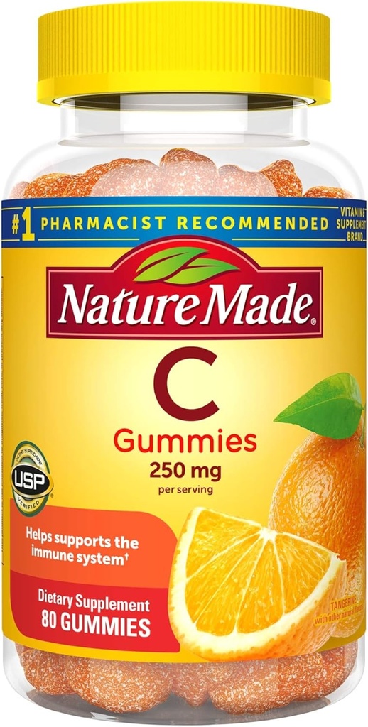 Vitamin C Gummies 250 mg, 80 Count, Untuk Dukungan Imune, Dukungan Antioksidan, Collagen Dukungan untuk Kesehatan Skin, Tangerine