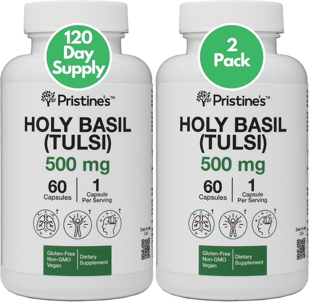 PRISTINE 'S Holy Basil (Tulsi) 500 mg (2 Pack) Relaxation & Imuniance Duplication Adaptogen Suply - 120 Day Suply - Holy Basil Leaf Capsules - Vegan - Non-GMO - Gluten Free Suplemen