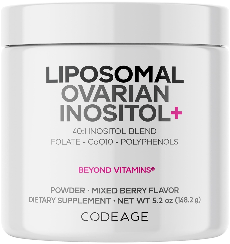 Codeage Liposal Ovarium Inositol Powder - Myo- Inositol & D- Chiro- Inositol 40: 1 Blend, Faunce 5- MTHF, CoQ10, Prenate & Wild Blueberry - 2- Bulan Supply - Mixed Berry Flavor