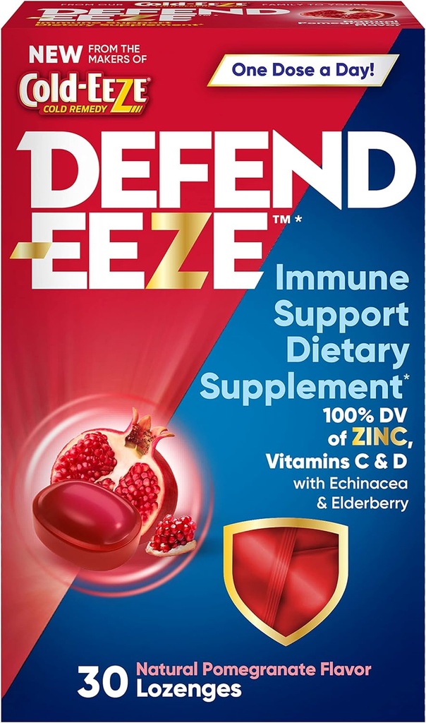 Defenda- EEZE Dukungan Imuniune Tambahan Diet Lozenges, 100% Nilai Harian Zinc, Vitamin C & D per Dose, dengan Echinacea & Elderberry, Pomiate Flavor, 30 Lozenges